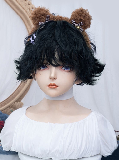 Graphite Blue Playful Bobo Short Cute Fluffy Lively Curly Hair Sweet Lolita Full Head Wig