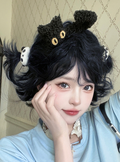 Graphite Blue Playful Bobo Short Cute Fluffy Lively Curly Hair Sweet Lolita Full Head Wig