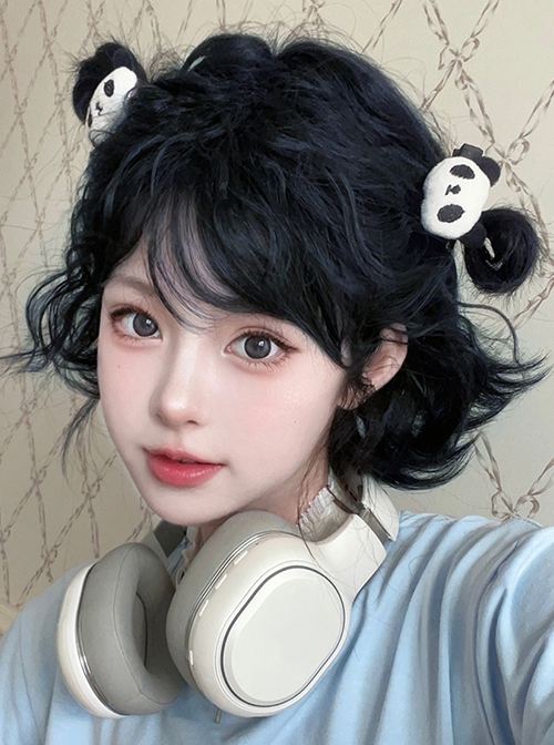 Graphite Blue Playful Bobo Short Cute Fluffy Lively Curly Hair Sweet Lolita Full Head Wig