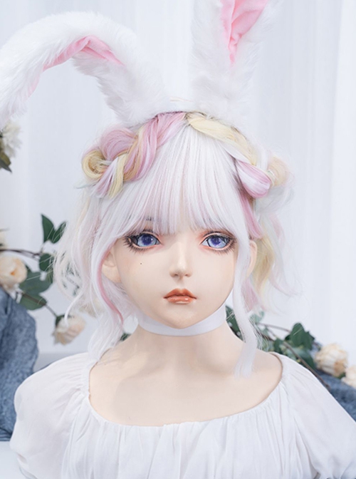 Macarons Pastel Color Hanging Ear Dye Fairy White Short Cute Fluffy Lively Curly Hair Sweet Lolita Full Head Wig