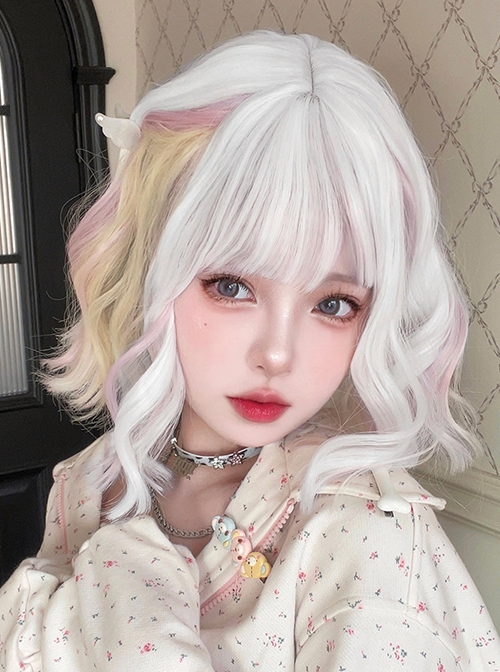 Macarons Pastel Color Hanging Ear Dye Fairy White Short Cute Fluffy Lively Curly Hair Sweet Lolita Full Head Wig