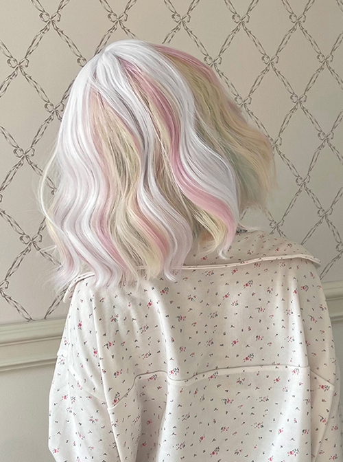 Macarons Pastel Color Hanging Ear Dye Fairy White Short Cute Fluffy Lively Curly Hair Sweet Lolita Full Head Wig