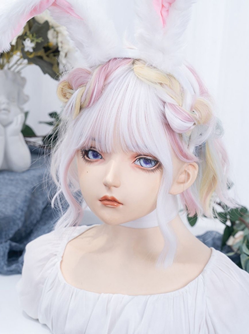 Macarons Pastel Color Hanging Ear Dye Fairy White Short Cute Fluffy Lively Curly Hair Sweet Lolita Full Head Wig