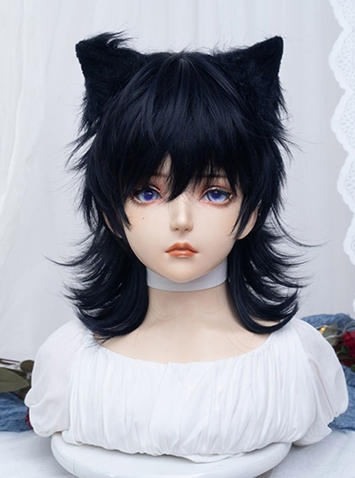 Handsome Boy Graphite Blue Wolf Tail Mullet Head M Word Bangs Versatile Curly Classic Lolita Full Head Wig