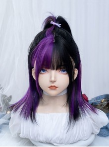 Irregular Black Purple Flat Bangs Naturally Long Straight Hair Y2K Stylish Sweet Lolita Full Head Wig