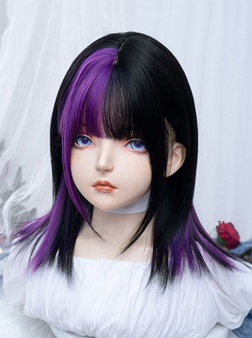 Irregular Black Purple Flat Bangs Naturally Long Straight Hair Y2K Stylish Sweet Lolita Full Head Wig