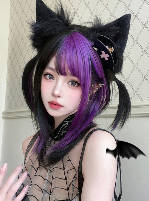 Irregular Black Purple Flat Bangs Naturally Long Straight Hair Y2K Stylish Sweet Lolita Full Head Wig