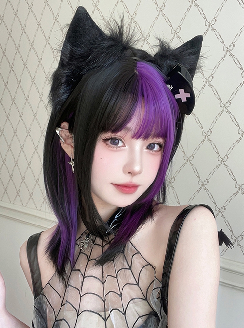 Irregular Black Purple Flat Bangs Naturally Long Straight Hair Y2K Stylish Sweet Lolita Full Head Wig