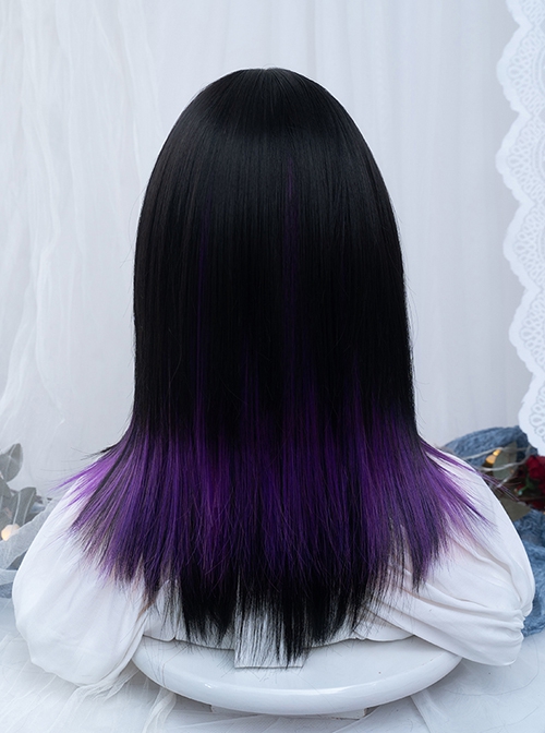 Irregular Black Purple Flat Bangs Naturally Long Straight Hair Y2K Stylish Sweet Lolita Full Head Wig