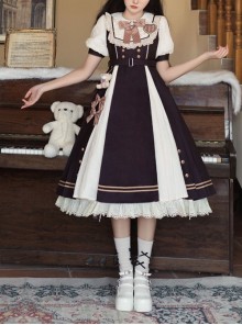 Chocolate Workshop Series Brown College Style Cute Lace Round Neckline Bowknot Classic Lolita Short Sleeves Long Dress OP