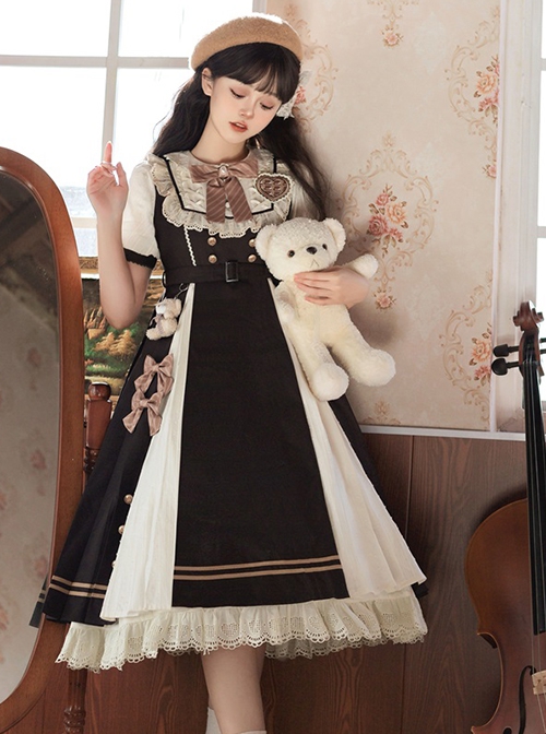 Chocolate Workshop Series Brown College Style Cute Lace Round Neckline Bowknot Classic Lolita Short Sleeves Long Dress OP