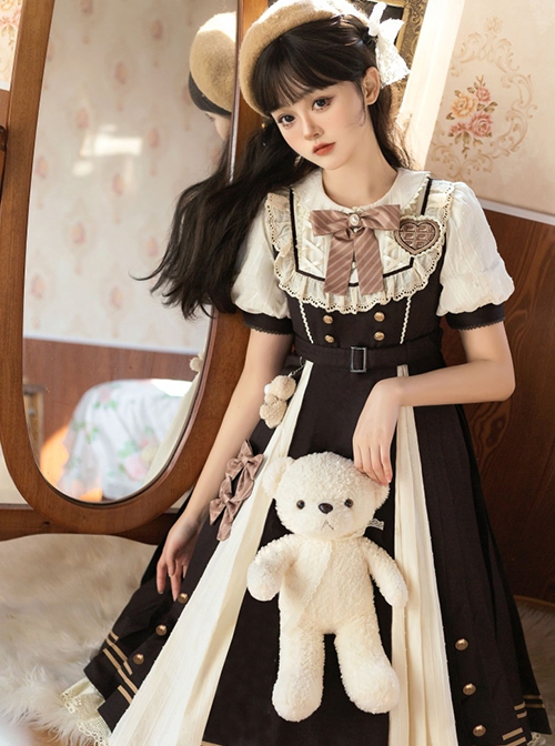 Chocolate Workshop Series Brown College Style Cute Lace Round Neckline Bowknot Classic Lolita Short Sleeves Long Dress OP