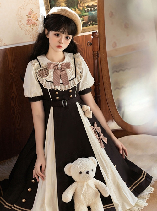 Chocolate Workshop Series Brown College Style Cute Lace Round Neckline Bowknot Classic Lolita Short Sleeves Long Dress OP