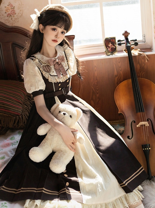 Chocolate Workshop Series Brown College Style Cute Lace Round Neckline Bowknot Classic Lolita Short Sleeves Long Dress OP