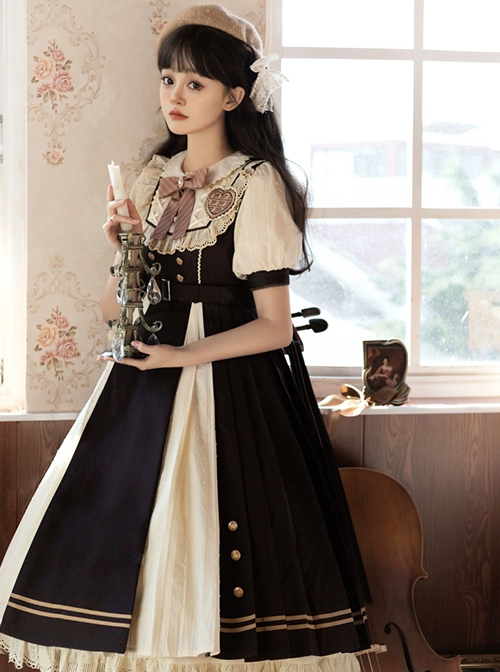 Chocolate Workshop Series Brown College Style Cute Lace Round Neckline Bowknot Classic Lolita Short Sleeves Long Dress OP