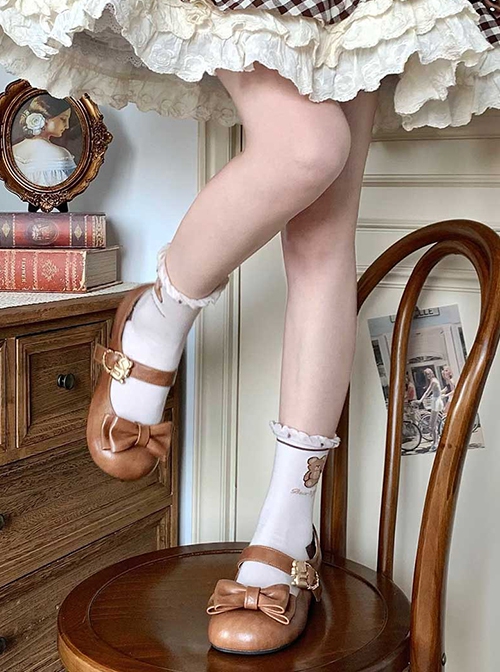 Hugging Bear Series Soft Adorable Bear Metal Buckle Bowknot Sweet Lolita Round Toe Low Heel Shoes