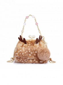 Khaki Elk Texture Christmas Daily Cute Brown Miffy Plush Pearl Metal Buckle Kawaii Fashion Crossbody Bag