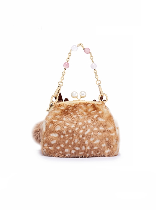 Khaki Elk Texture Christmas Daily Cute Brown Miffy Plush Pearl Metal Buckle Kawaii Fashion Crossbody Bag