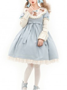 Pillow Bear Series Sweet Lolita Delicate Embroidery Lace Doll Collar Bowknot Puff Long Sleeves Dress OP