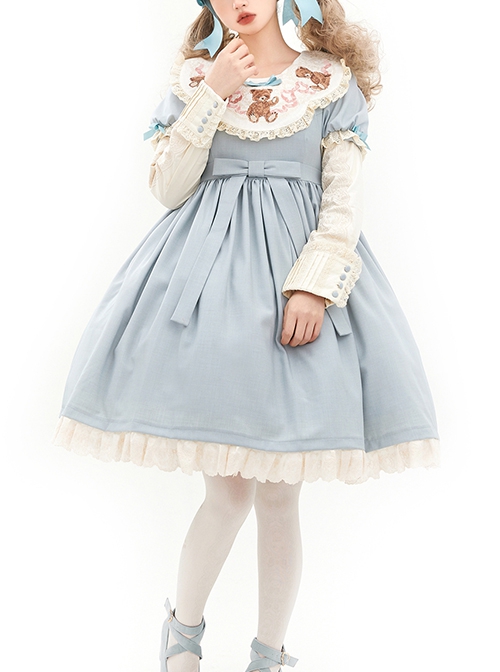 Pillow Bear Series Sweet Lolita Delicate Embroidery Lace Doll Collar Bowknot Puff Long Sleeves Dress OP