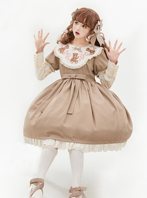 Pillow Bear Series Sweet Lolita Delicate Embroidery Lace Doll Collar Bowknot Puff Long Sleeves Dress OP