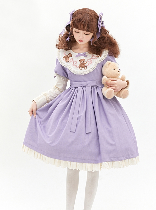 Pillow Bear Series Sweet Lolita Delicate Embroidery Lace Doll Collar Bowknot Puff Long Sleeves Dress OP