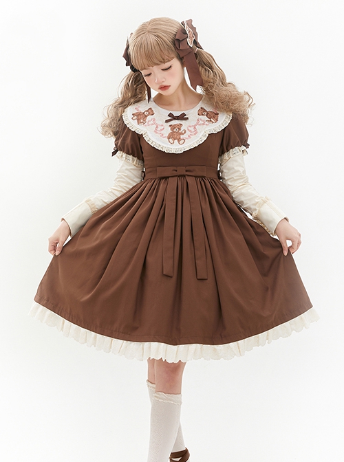 Pillow Bear Series Sweet Lolita Delicate Embroidery Lace Doll Collar Bowknot Puff Long Sleeves Dress OP