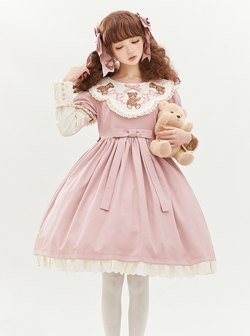 Pillow Bear Series Sweet Lolita Delicate Embroidery Lace Doll Collar Bowknot Puff Long Sleeves Dress OP