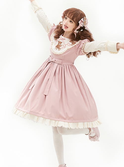 Pillow Bear Series Sweet Lolita Delicate Embroidery Lace Doll Collar Bowknot Puff Long Sleeves Dress OP