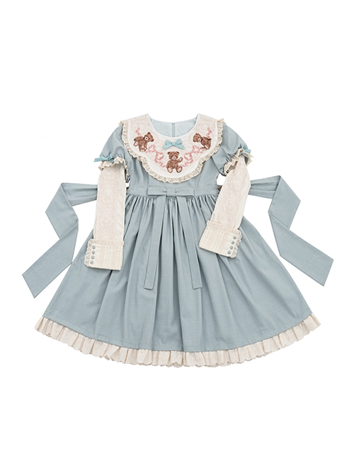 Pillow Bear Series Sweet Lolita Delicate Embroidery Lace Doll Collar Bowknot Puff Long Sleeves Dress OP