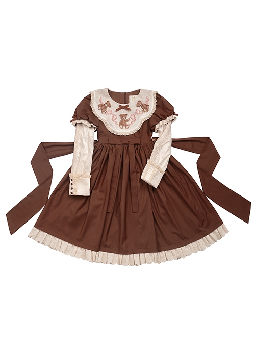 Pillow Bear Series Sweet Lolita Delicate Embroidery Lace Doll Collar Bowknot Puff Long Sleeves Dress OP