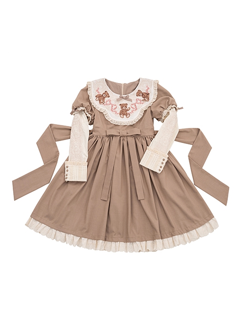 Pillow Bear Series Sweet Lolita Delicate Embroidery Lace Doll Collar Bowknot Puff Long Sleeves Dress OP