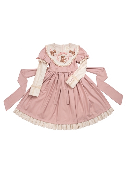 Pillow Bear Series Sweet Lolita Delicate Embroidery Lace Doll Collar Bowknot Puff Long Sleeves Dress OP
