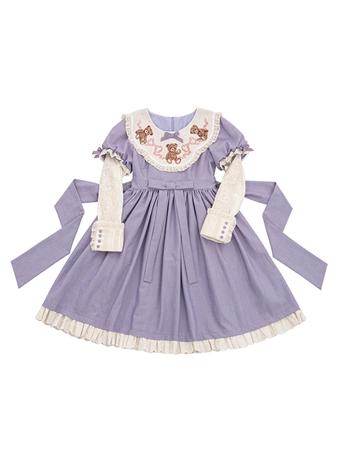 Pillow Bear Series Sweet Lolita Delicate Embroidery Lace Doll Collar Bowknot Puff Long Sleeves Dress OP