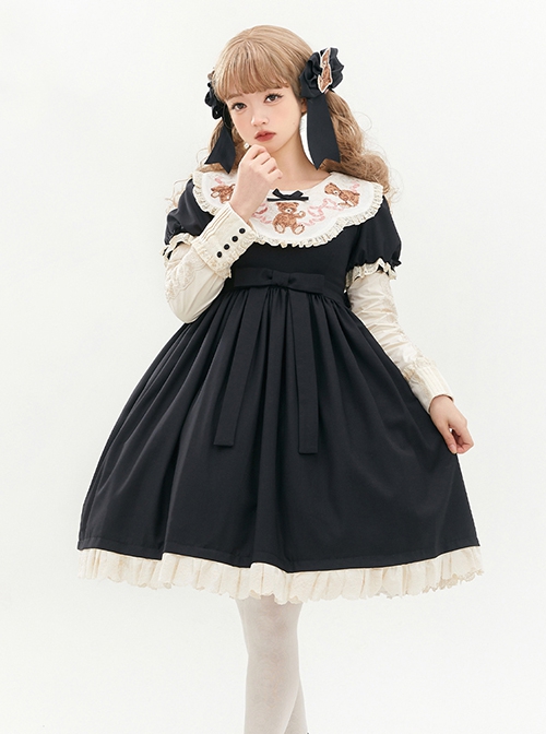 Pillow Bear Series Sweet Lolita Delicate Embroidery Lace Doll Collar Bowknot Puff Long Sleeves Dress OP