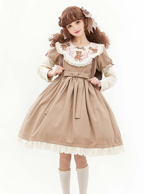 Pillow Bear Series Sweet Lolita Delicate Embroidery Lace Doll Collar Bowknot Puff Long Sleeves Dress OP