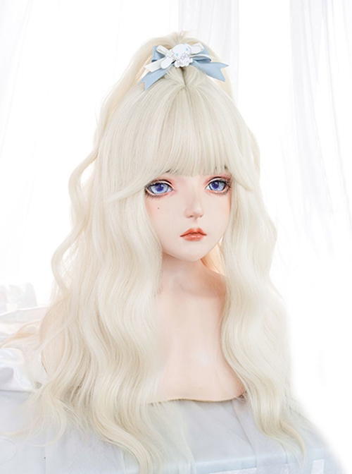 Golden Natural Simulation Elf Fairy Light Blonde Long Curly Hair Sweet Lolita Cute Flat Bangs Full Head Wig