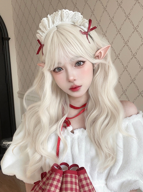 Golden Natural Simulation Elf Fairy Light Blonde Long Curly Hair Sweet Lolita Cute Flat Bangs Full Head Wig