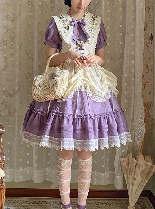 Vineyard Series Elegant Grape Vine Embroidered Lace Bowknot Apron Fake Collar Classic Lolita Short Sleeves Dress OP