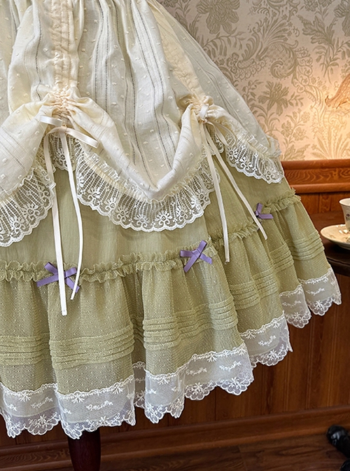 Vineyard Series Elegant Grape Vine Embroidered Lace Bowknot Apron Fake Collar Classic Lolita Short Sleeves Dress OP