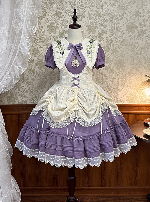 Vineyard Series Elegant Grape Vine Embroidered Lace Bowknot Apron Fake Collar Classic Lolita Short Sleeves Dress OP