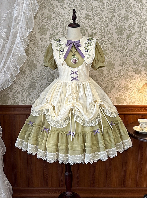 Vineyard Series Elegant Grape Vine Embroidered Lace Bowknot Apron Fake Collar Classic Lolita Short Sleeves Dress OP