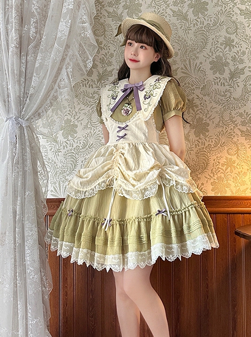 Vineyard Series Elegant Grape Vine Embroidered Lace Bowknot Apron Fake Collar Classic Lolita Short Sleeves Dress OP