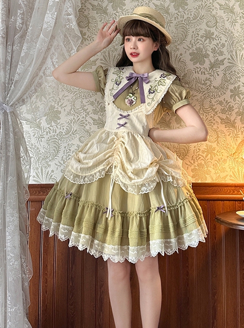 Vineyard Series Elegant Grape Vine Embroidered Lace Bowknot Apron Fake Collar Classic Lolita Short Sleeves Dress OP