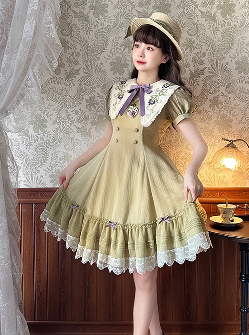 Vineyard Series Elegant Grape Vine Embroidered Lace Bowknot Apron Fake Collar Classic Lolita Short Sleeves Dress OP