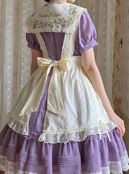 Vineyard Series Elegant Grape Vine Embroidered Lace Bowknot Apron Fake Collar Classic Lolita Short Sleeves Dress OP