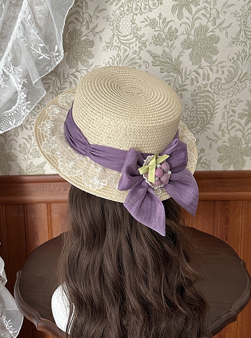 Vineyard Series Elegant Imitation Grape Jewelry Lace Ribbon Bowknot Pastoral Style Classic Lolita Straw Hat