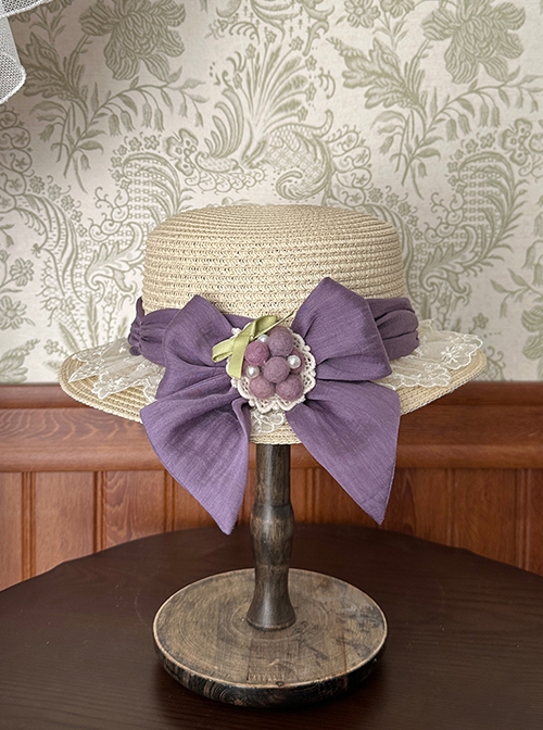 Vineyard Series Elegant Imitation Grape Jewelry Lace Ribbon Bowknot Pastoral Style Classic Lolita Straw Hat