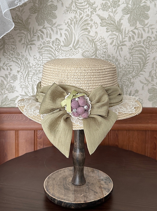 Vineyard Series Elegant Imitation Grape Jewelry Lace Ribbon Bowknot Pastoral Style Classic Lolita Straw Hat