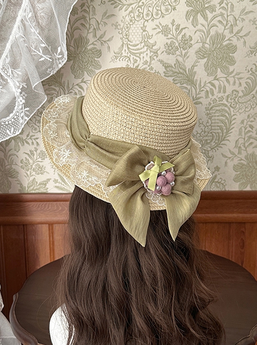 Vineyard Series Elegant Imitation Grape Jewelry Lace Ribbon Bowknot Pastoral Style Classic Lolita Straw Hat